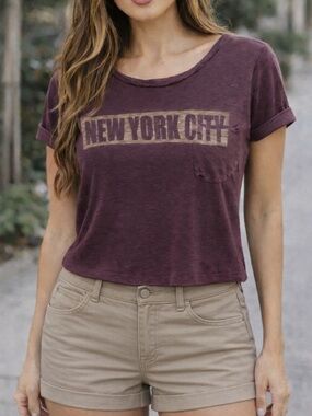 Wet Seal Plum Graphic Crop Tee with Simple Pocket and Cuffed Sleeves